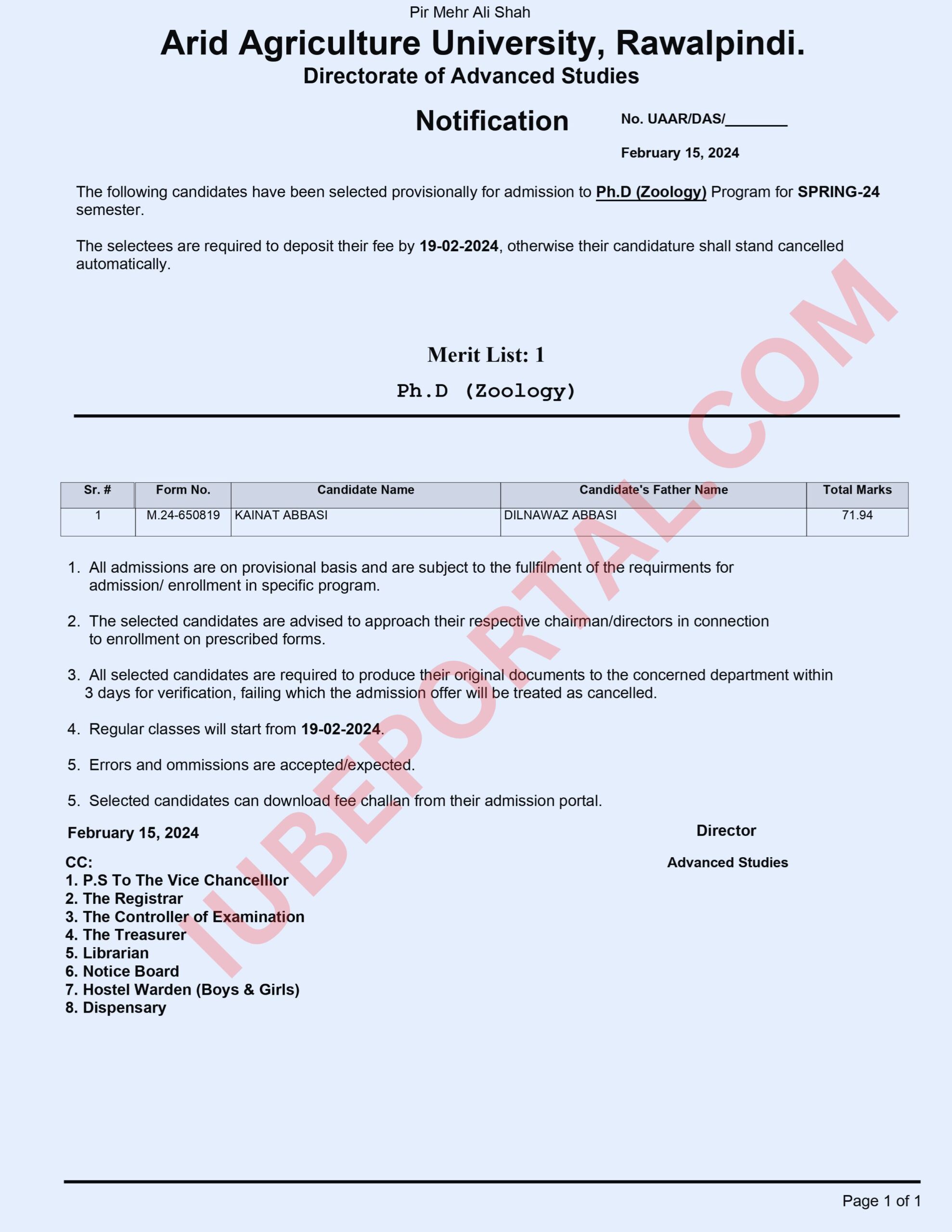 Arid Agriculture University Phd (Zoology) Merit List Notification 2024
