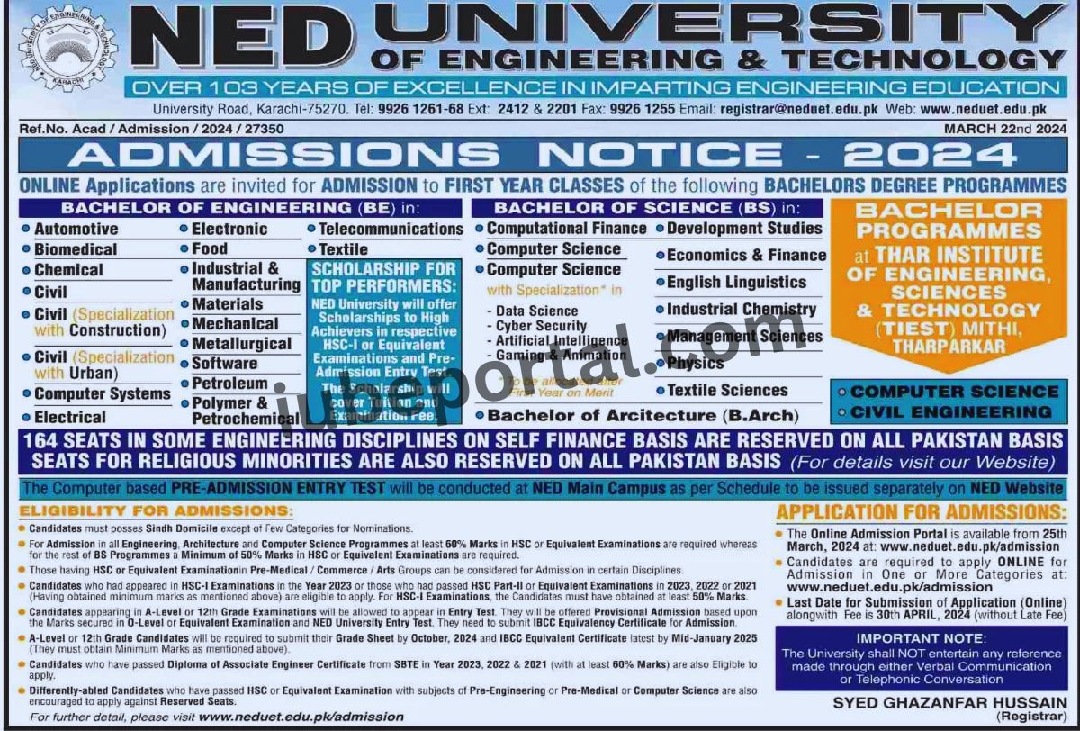 NEDUET Opens Online Admission for BS Degrees in 2024
